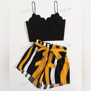 Black & Yellow Scallop Trim Cami Top & Paperbag Waist Striped Shorts Set Small